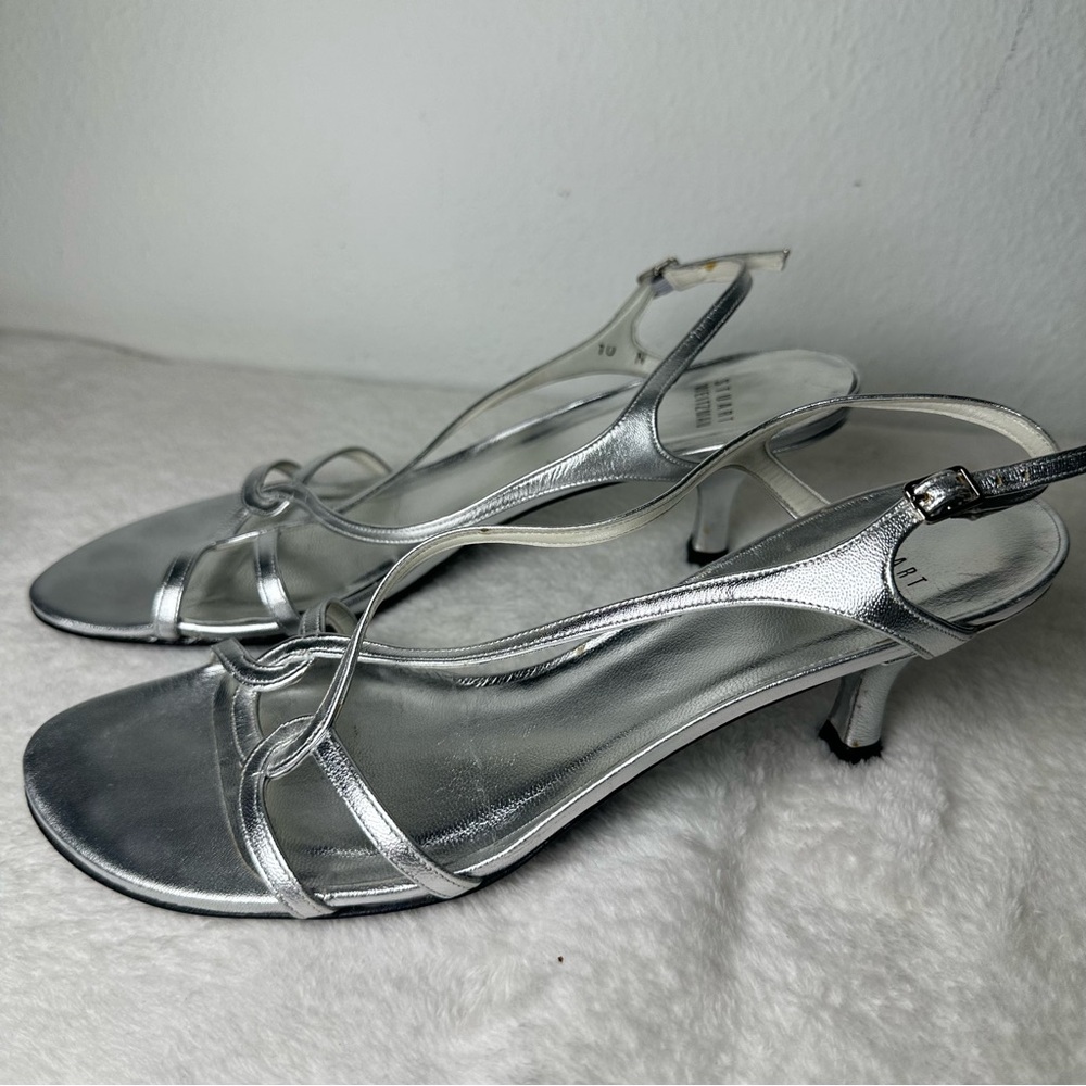 Stuart Weitzman Made in Spain  Silver Satin Strappy Leather Sole Heels Size 10 - Picture 2 of 15